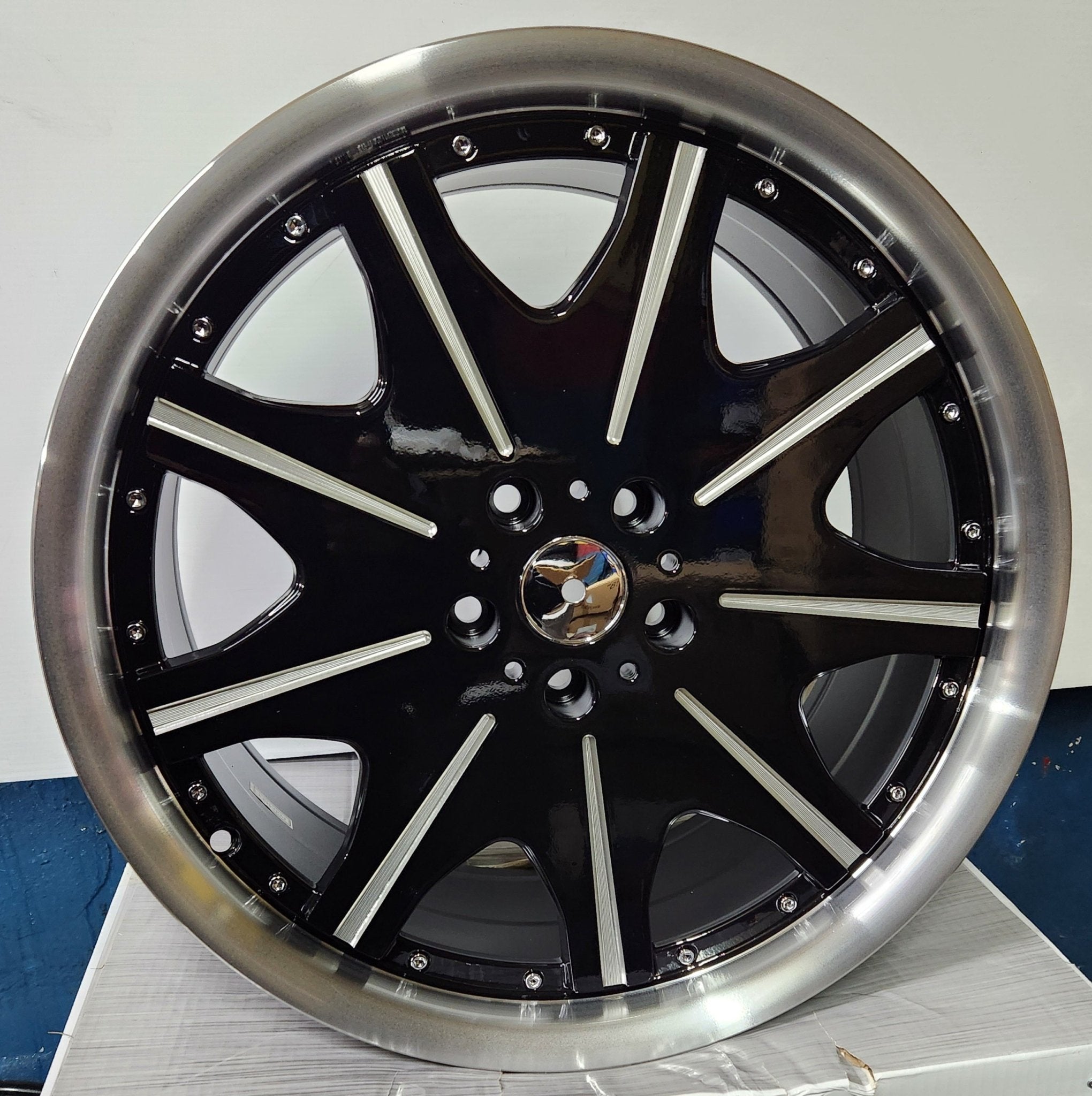 OE - 10364 19x8.5 5x112 5X114.3 GLOSS BLACK MACHINED MILLED AND LIP CHROME RIVET - Gun Hill Tire House (WTW - WHOLESALE TIRES & WHEELS)