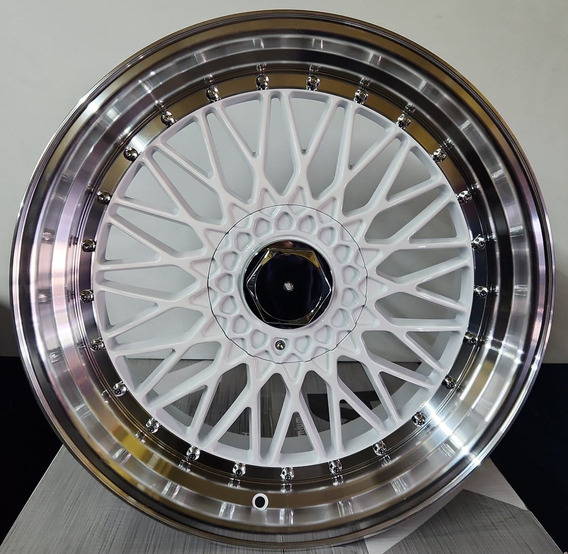 ALFINA AY679 20x10 5x100 / 5x4.5 GLOSSY WHITE MACHINED LIPS CHROME RIVETS - Gun Hill Tire House (WTW - WHOLESALE TIRES & WHEELS)
