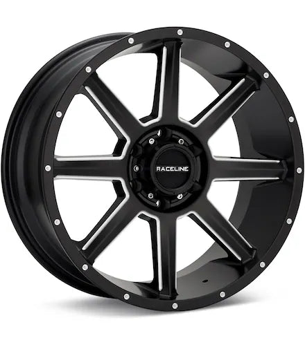 RACELINE STRYKER BLACK W/MILLED ACCENT - Gun Hill Tire House (WTW - WHOLESALE TIRES & WHEELS)
