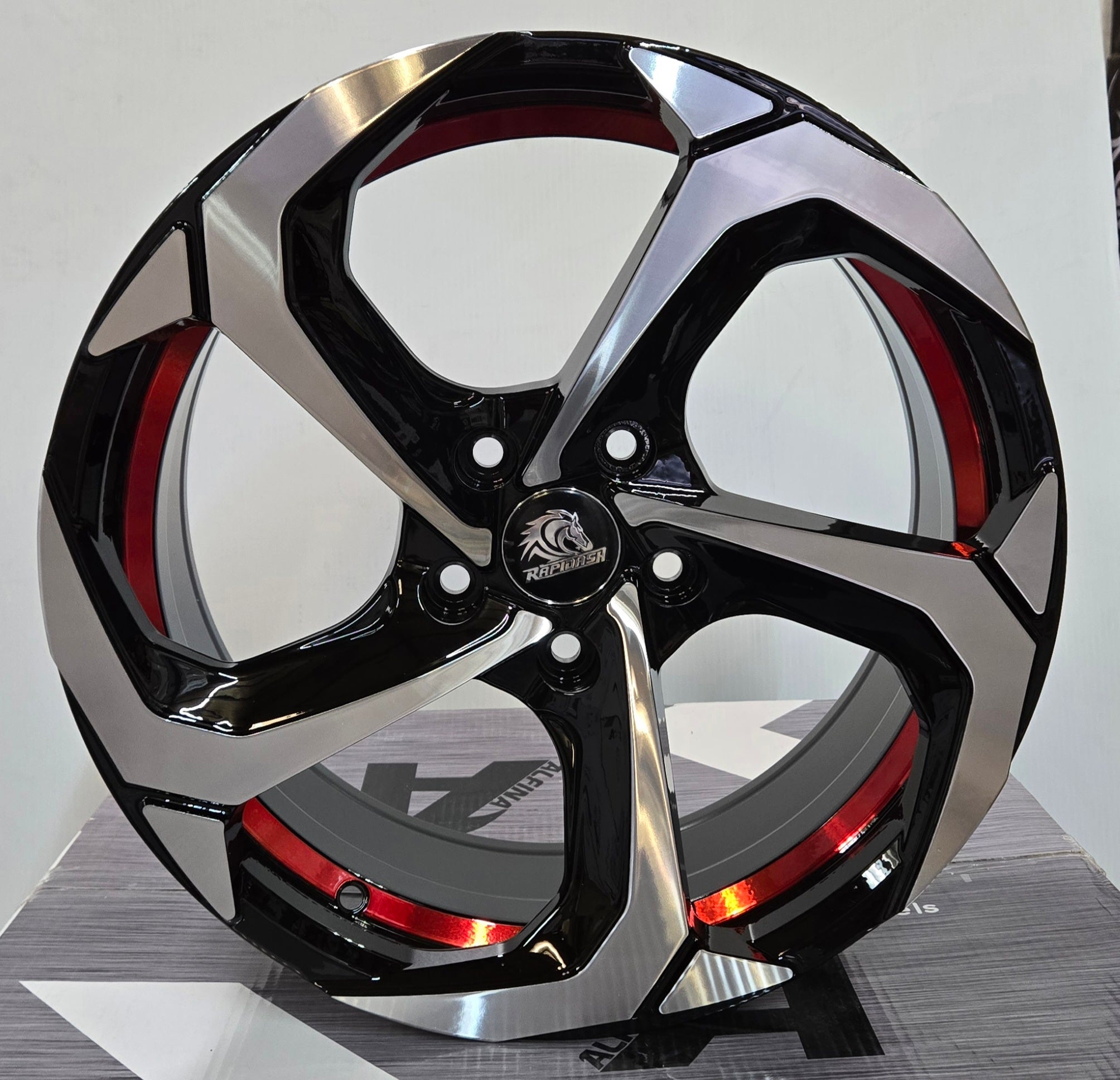 X1049 16X7.0 5X114.3 PIANO BLACK MACHINED FACE RED UNDER - CUT - Gun Hill Tire House (WTW - WHOLESALE TIRES & WHEELS)