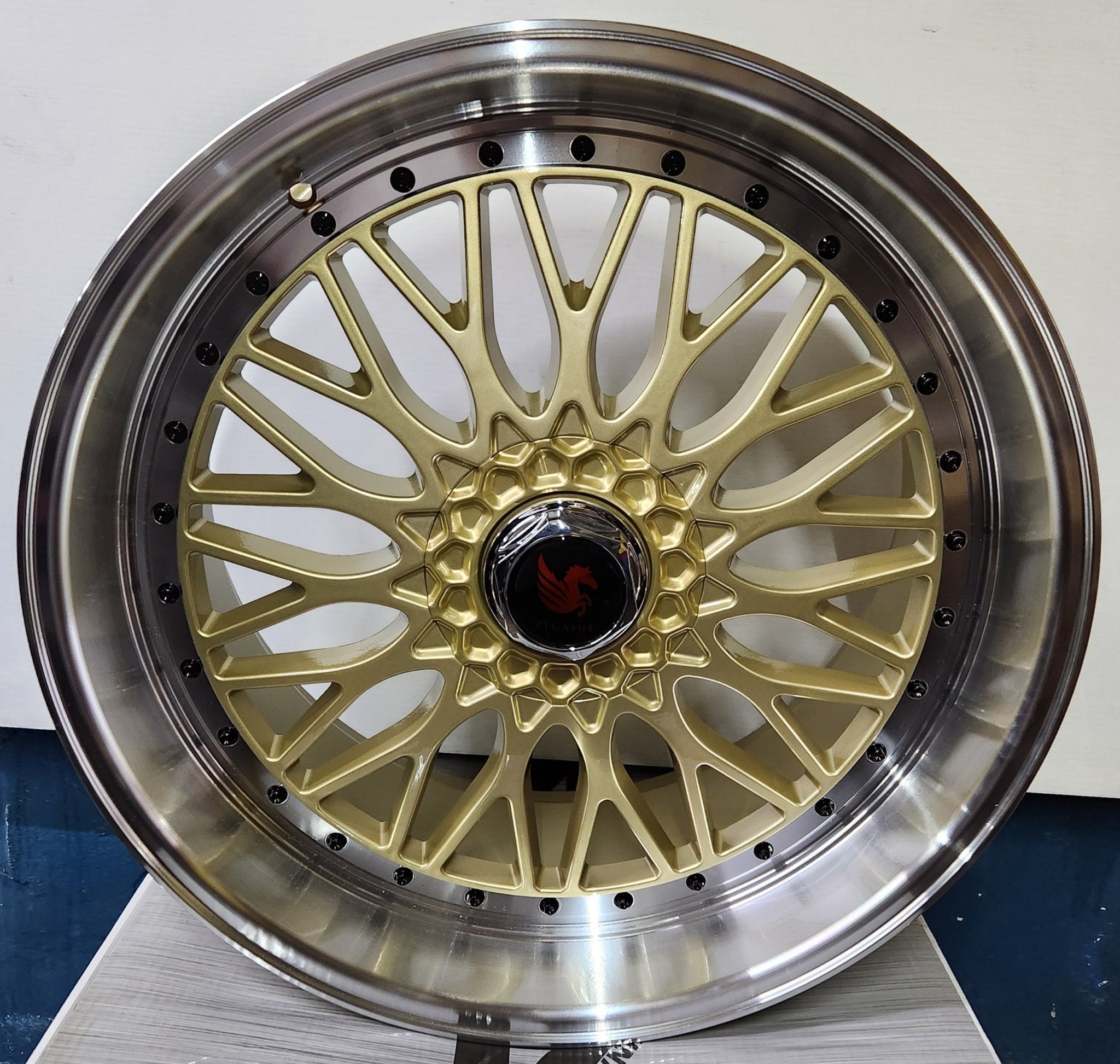 RBM1 22X9 5X112 5X114.3 5X120 GOLD MACHINED LIP CHROME RIVETS - Gun Hill Tire House (WTW - WHOLESALE TIRES & WHEELS)