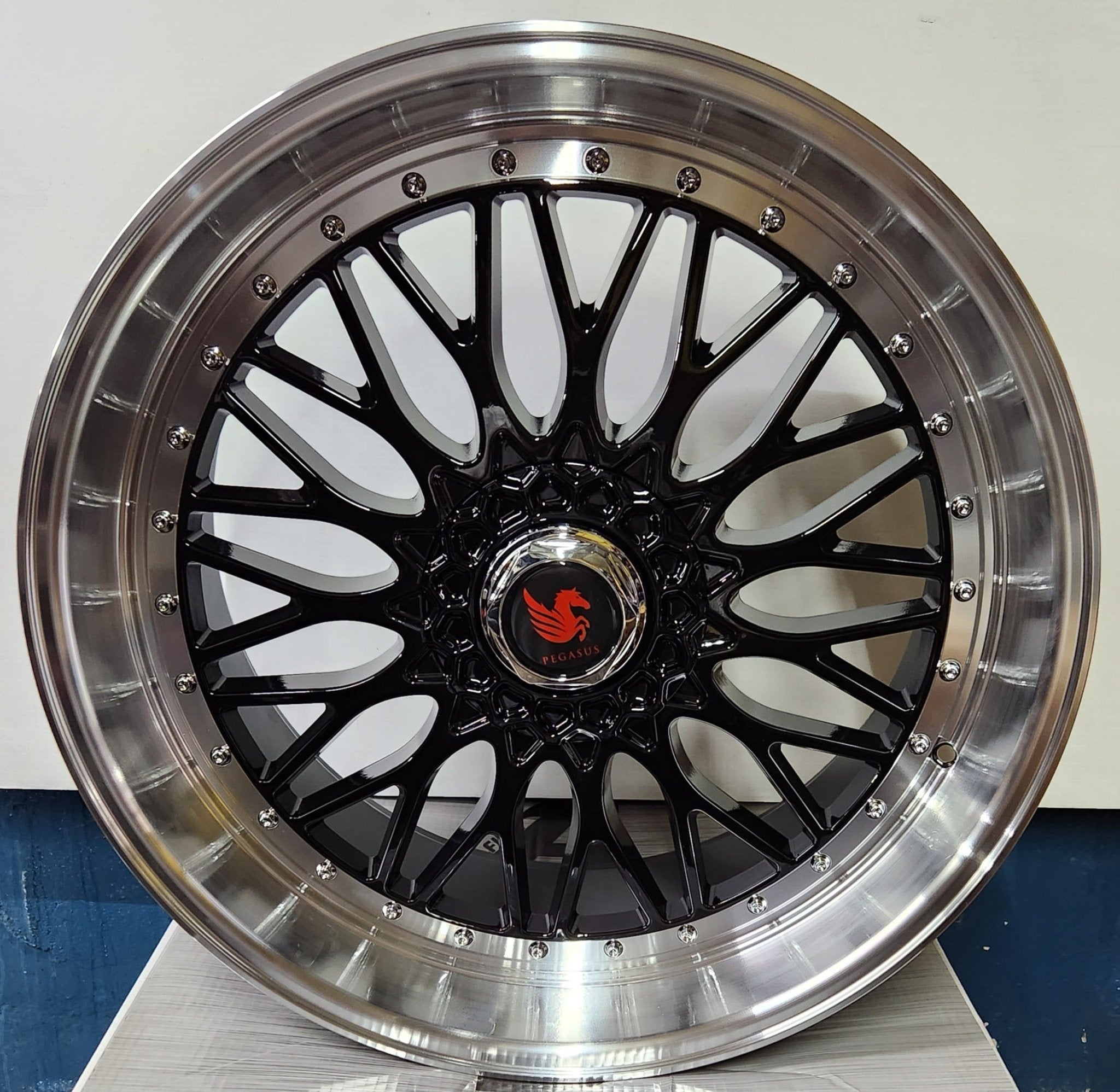 RBM1 22X9.0 5X112 5X114.3 5X120 GLOSS BLACK MACHINED LIP CHROME RIVETS - Gun Hill Tire House (WTW - WHOLESALE TIRES & WHEELS)