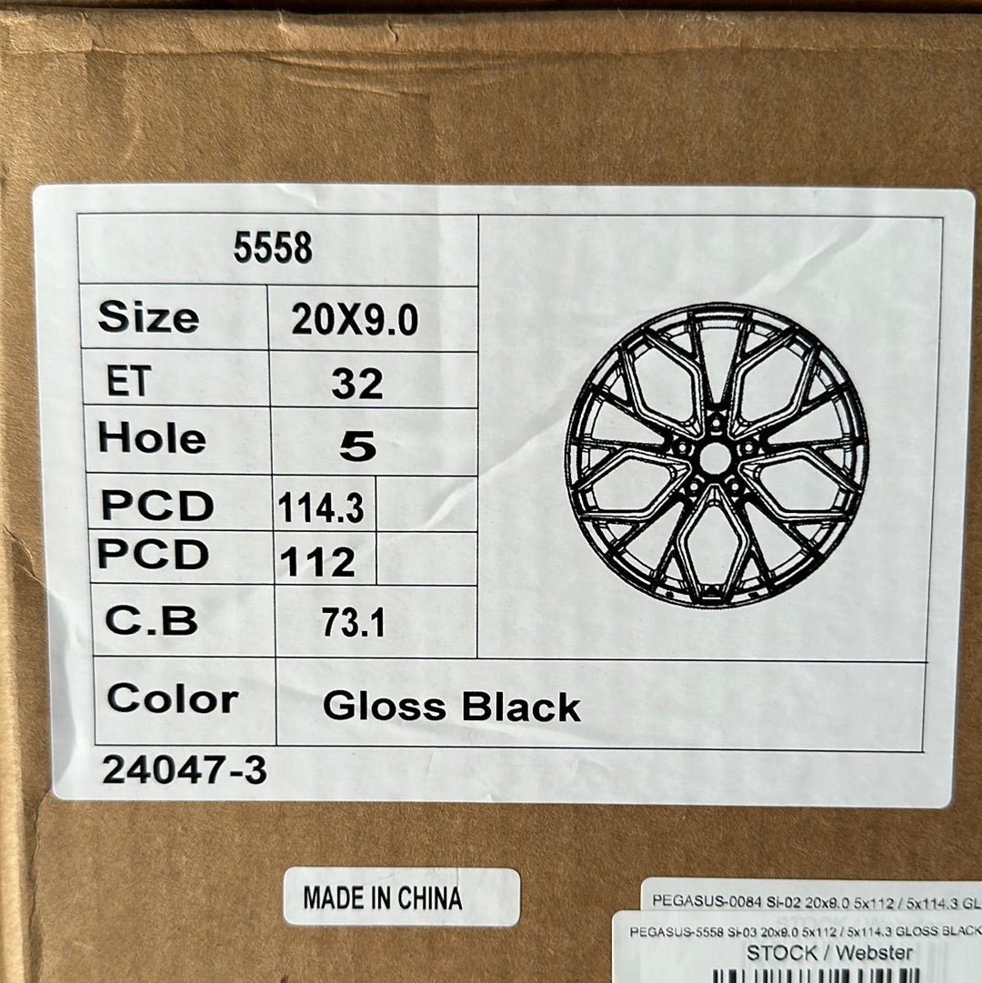 PEGASUS - 5558 Si - 03 20x9.0 5x112 / 5x114.3 GLOSS BLACK +32mm 73.1mm - Gun Hill Tire House (WTW - WHOLESALE TIRES & WHEELS)
